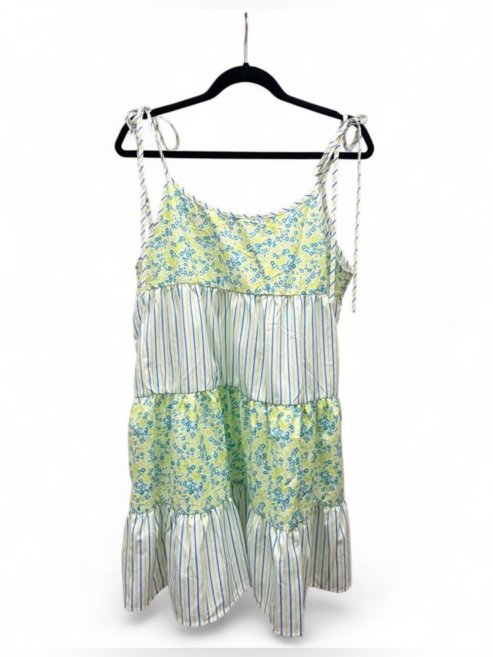 SHEIN Yellow Floral & Blue Striped Tie-Shoulder Tiered Mini Dress